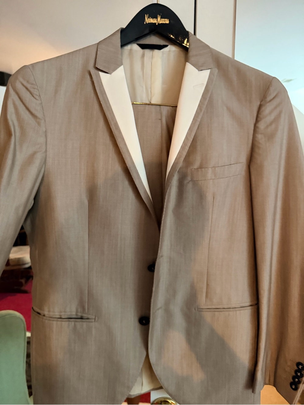 TONELLO Men's Taupe 2 piece suit with White Trim and tuxedo lapel